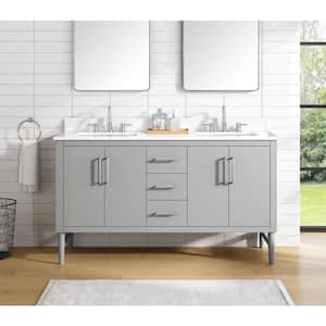 Nova 61 in. W x 22 in. D x 35 in. H Double Sink Freestanding Bath Vanity in Gray with White Engineered Stone Top