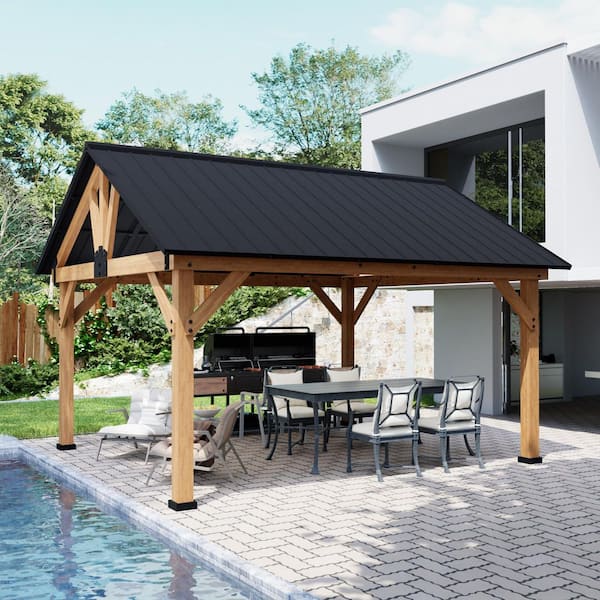 15 ft. x 13 ft. Outdoor Solid Cedar Wood Patio Hardtop Gazebo with Ceiling Hook and Black Galvanized Steel Roof