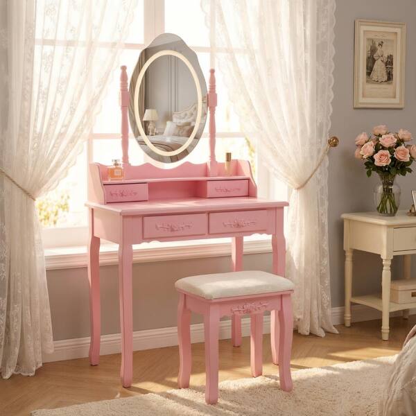 pink princess dressing table Pink Princess Vanity Table Set with Mirror&Cushioned Stool,Light  Modes,4-Drawer Wooden Makeup Vanity Desk HL-YONP391681