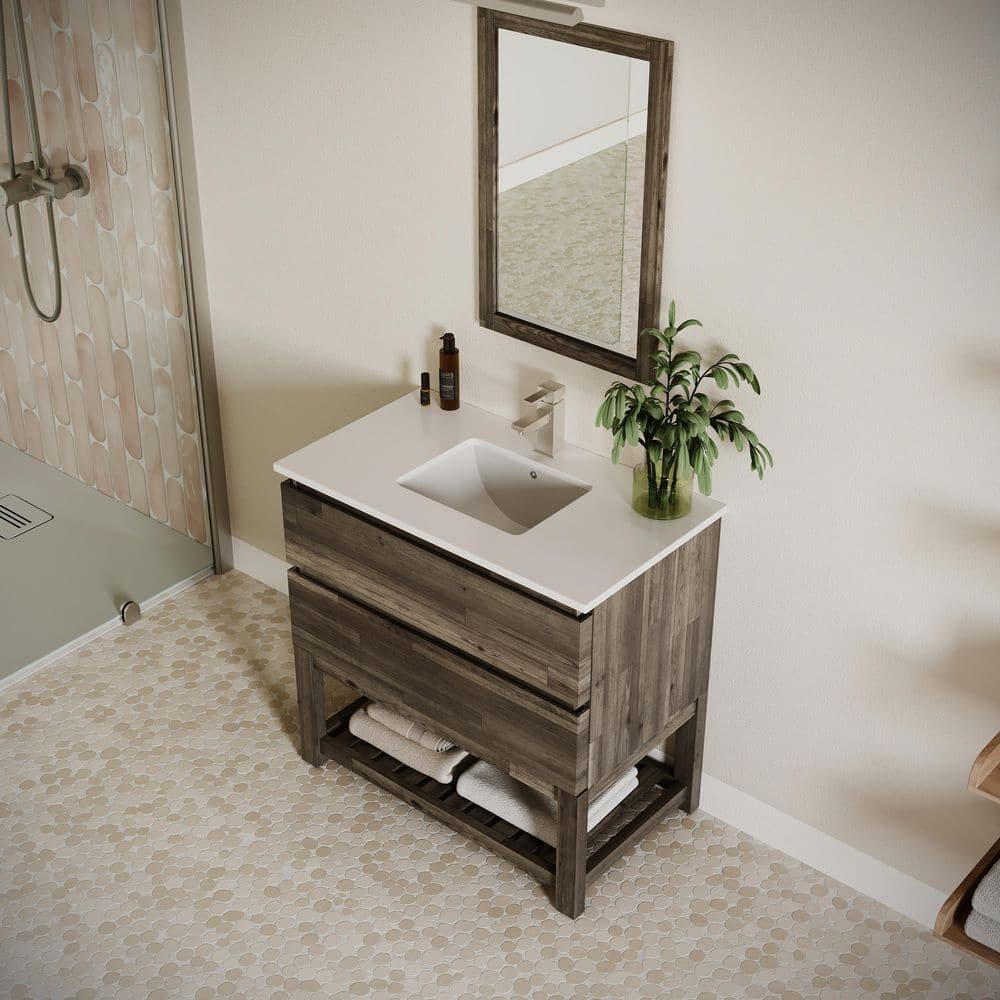 Elegant Acacia Wood 36" Vanity with Quartz Top and Open Shelf