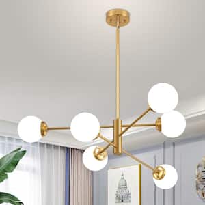 6-Light Vintage Gold Linear Sputnik Chandelier, Mid Century Ceiling Lights with Milk Glass Shade, Bulb Not Included