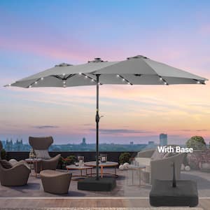 15 ft. x 9 ft. Solar LED Lighted Outdoor Double-Sided Patio Market Umbrella with Crank and Base in Gray