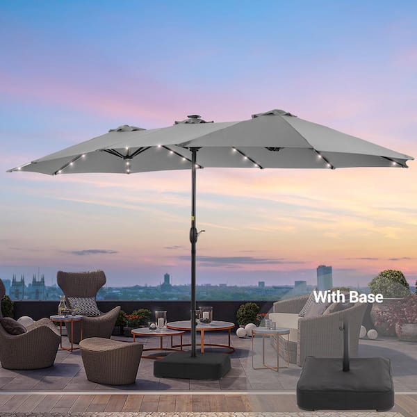 JOYESERY 15 ft. x 9 ft. Solar LED Lighted Outdoor Double-Sided Patio Market Umbrella with Crank and Base in Gray