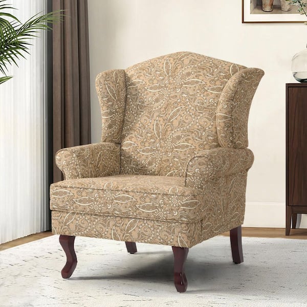 Mid-Century Retro Style Paisley Brown Linen Upholstered Wingback Arm Chair with Wooden Legs (Set of 1)