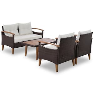 4-Piece Wicker Patio Conversation Seating Set with Beige Cushion and Wood Table