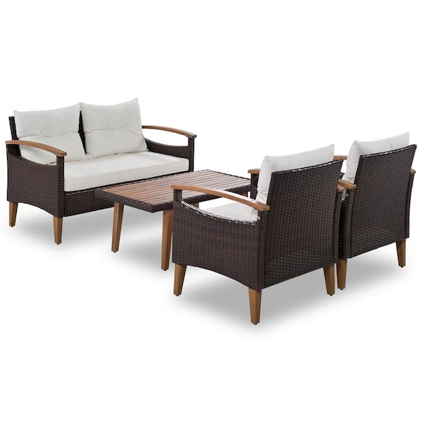 Unbranded 4-Piece Wicker Patio Conversation Seating Set with Beige Cushion and Wood Table