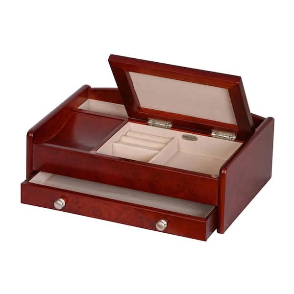 Sleek, Rich Mahogany Colored Dresser Top Valet with Watch Storage and Ring  Rolls