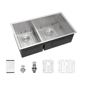 Silver 16-Gauge Stainless Steel 30 in. Double Bowl Undermount Kitchen Sink with Bottom Grid
