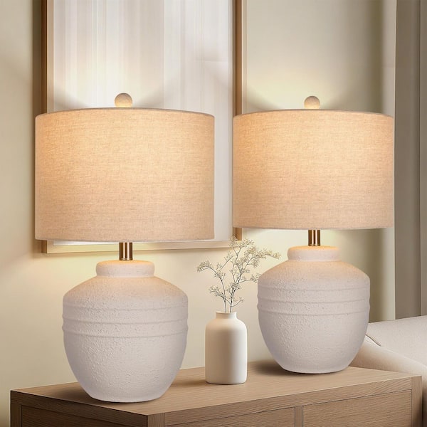 22 in. Farmhouse White Ceramic Jar Table Lamps 2-Pack for Bedroom, Living Room (LED Bulbs Included)