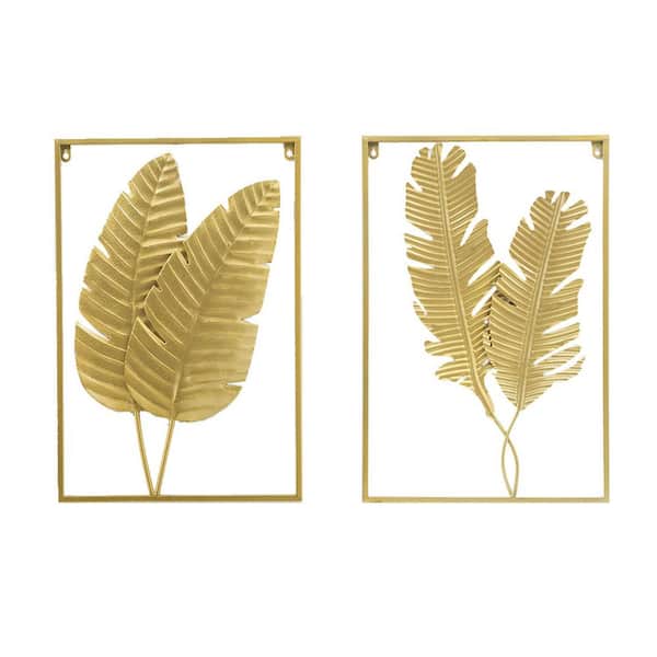 Unbranded Set of 2 Metal Wall Decor, 24 in. x 16 in. Gold Leaf Wall Hanging Home Decor with Frame, Metal Work