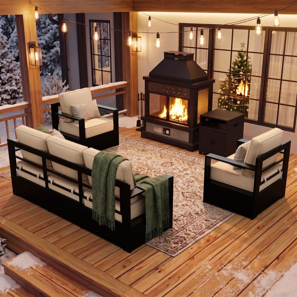 4-Piece Fire Pit Patio Set Aluminum Outdoor Patio Conversation Set with Sofa,Lounge Chair and Thick Beige Cushions