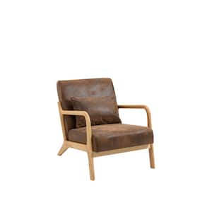TD Garden Mid Century Modern Outdoor Lounge Chair with Walnut Frame and Brown Cushion Relaxing Garden Armchair