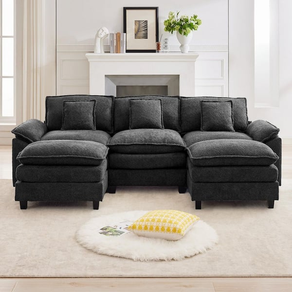 105.9 in. Chenille Fabric 5-Seat Sectional Sofa Couch with 2-Ottomans in Dark Gray