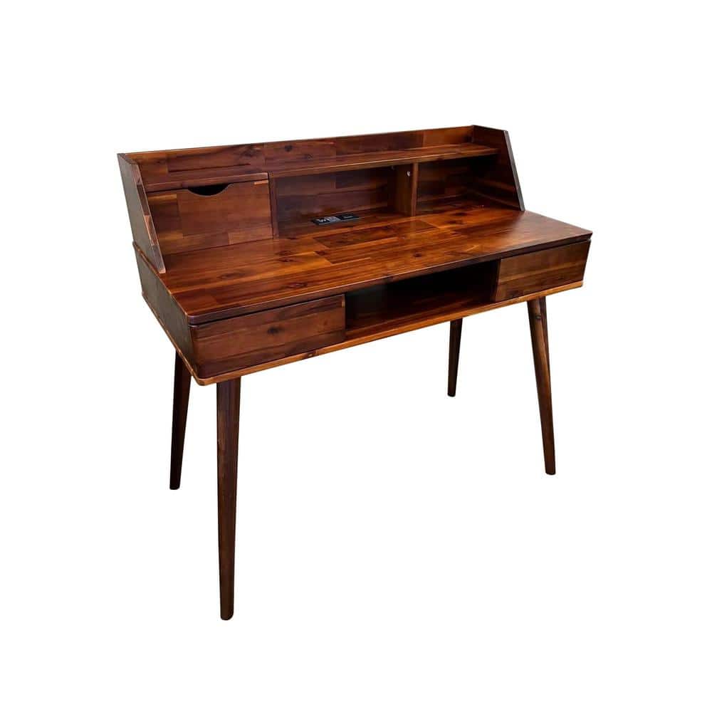 Mahogany Acacia Wood Desk with Charging Station and Drawers