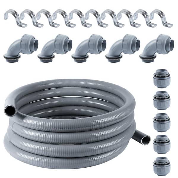 Vrbgify 1-1/2 in. x 25 ft. Non-Metallic PVC Flexible Liquid-Tight Electrical Conduit with 5 Straight 5-Angle Connector Fittings