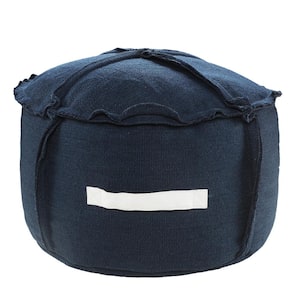 Solid Textured Navy Blue / White Indoor Outdoor Pouf with Handles