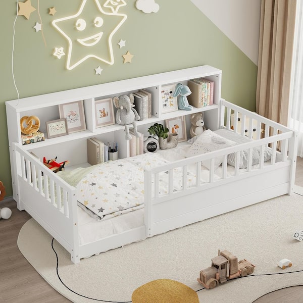 Emery Kids Floor Bed White Wooden Frame Twin Platform Bed with Storage Bookcase and Guardrails