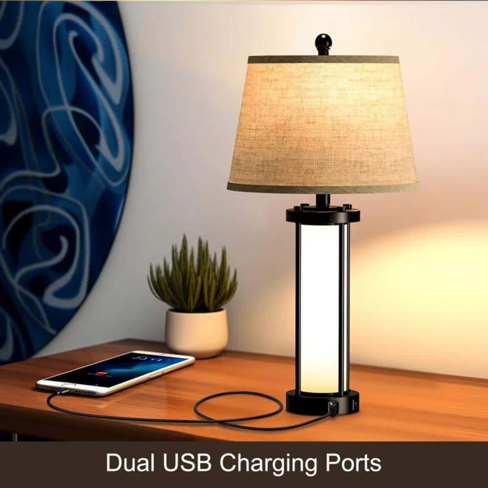 26.3 in. Black Modern Metal Integrated LED Fabric Lampshade Table lamp with Dual USB Charging Ports (Bulbs Included) price history on PriceWatchPro