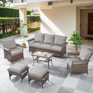 StLouis Brown 6-Piece Wicker Patio Conversation Set with Gray Cushions