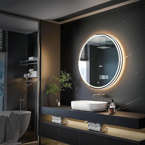 28 in. W x 28 in. H Large Round Frameless Dimmable Anti-Fog Wall Bathroom Vanity Mirror in Silver