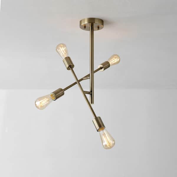 Globe Electric 17 in. 4-Light Matte Brass Minimalist Semi- Flush Mount with No Bulbs Included