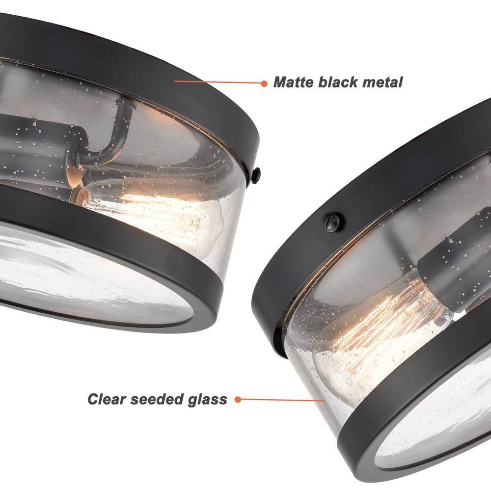Matte Black Farmhouse Drum Flush Mount with Seeded Glass Shade