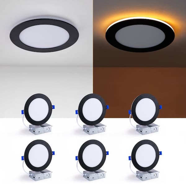 6 in. LED Recessed Light with Night Light, 5-CCT Selectable, Dimmable Canless Wafer Downlight, 12W, 6-Pack, Black