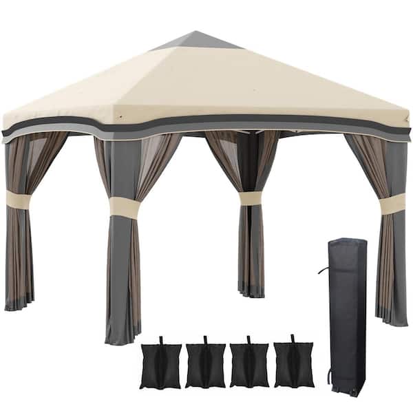 10 ft. x 10 ft. Beige Pop Up Canopy Tent with Netting, Instant Tent with Wheeled Carry Bag and 4 Sand Bags