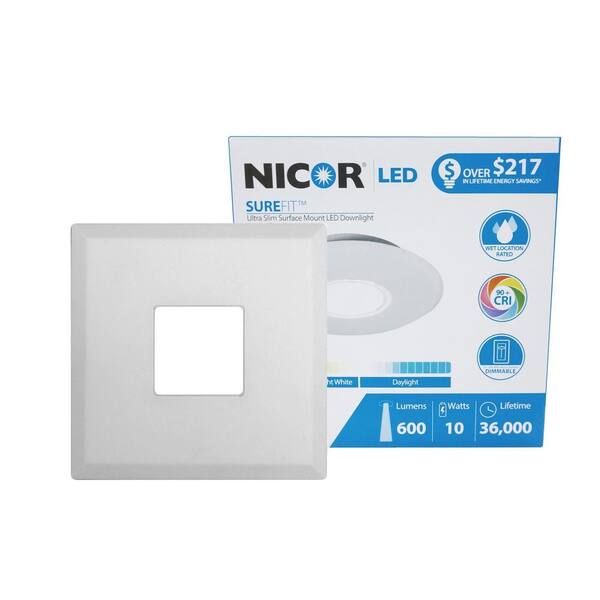 NICOR SureFit 9.6-Watt Square White Integrated LED Flush Mount with 4000K
