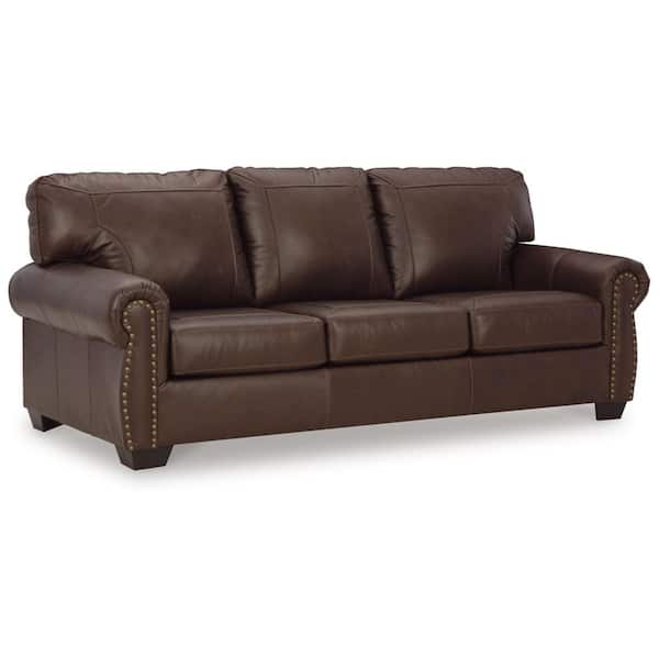 Colleton 92 in. Rolled Arm Leather Match Rectangle Sofa with Removable Cushions and Nailhead Trim in Brown