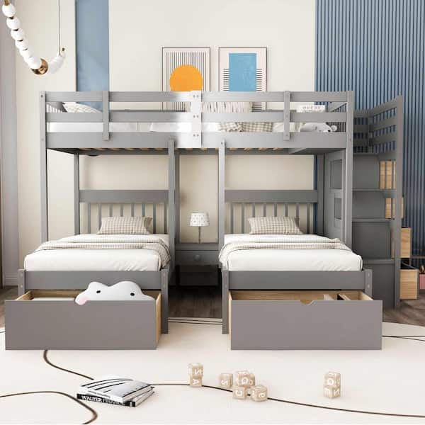 Gray Full Over Twin and Twin Bunk Bed with Drawers and Guardrails