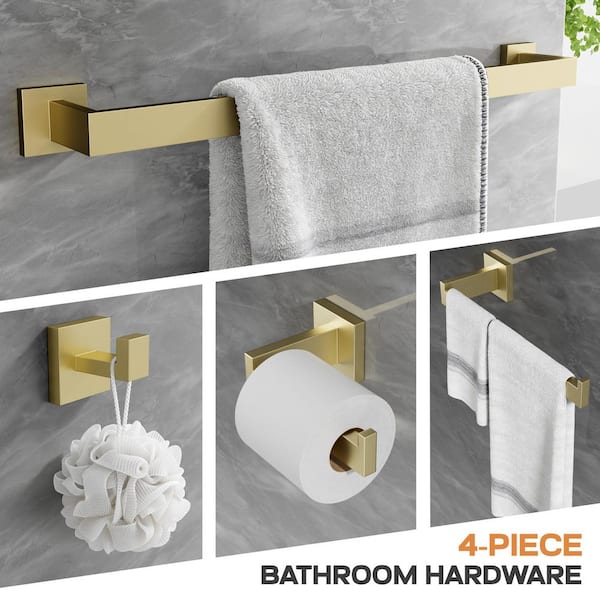 4-Piece Bath Hardware Set with Towel Bar Hand Towel Holder Toilet Paper Holder Towel Hook Modern Square in Brushed Gold