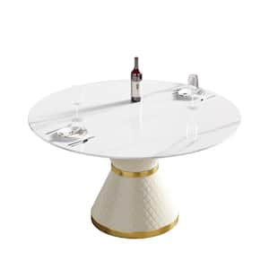 53.15 in. Circular Sintered Stone Tabletop Kitchen Dining Table with Lazy Susan with White Pedestal Metal Legs (6 Seats)