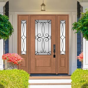 Regency 64 in. x 80 in. Georgian Decorative Glass LHIS 3/4Lite AW Mahogany Fiberglass Prehung Front Door w/Dbl12in.SL