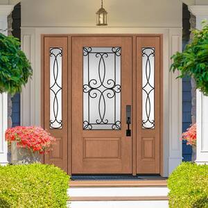 Regency 64 in. x 80 in. Georgian Decorative Glass RHOS 3/4Lite AW Mahogany Fiberglass Prehung Front Door w/Dbl12in.SL