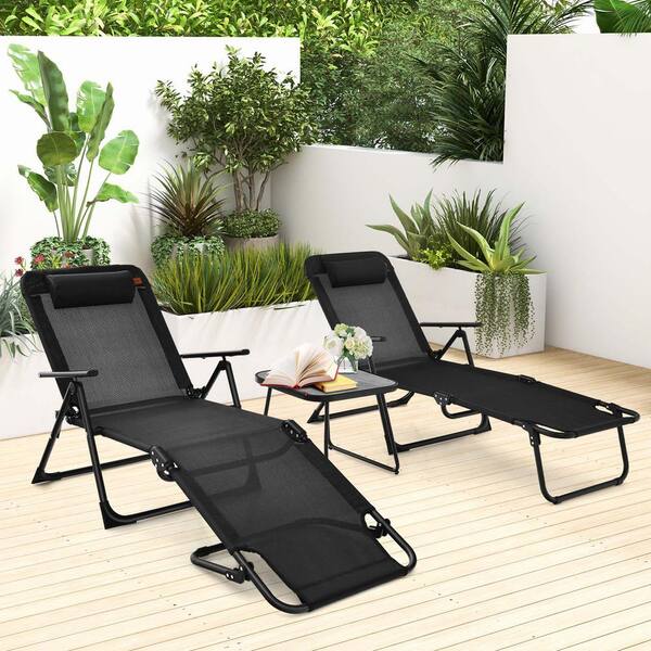 Costway 3-Pieces Folding Outdoor Chaise Lounge Chair PVC Tabletop Set Patio  Portable Beach with Bistro Table NP11158DK - The Home Depot