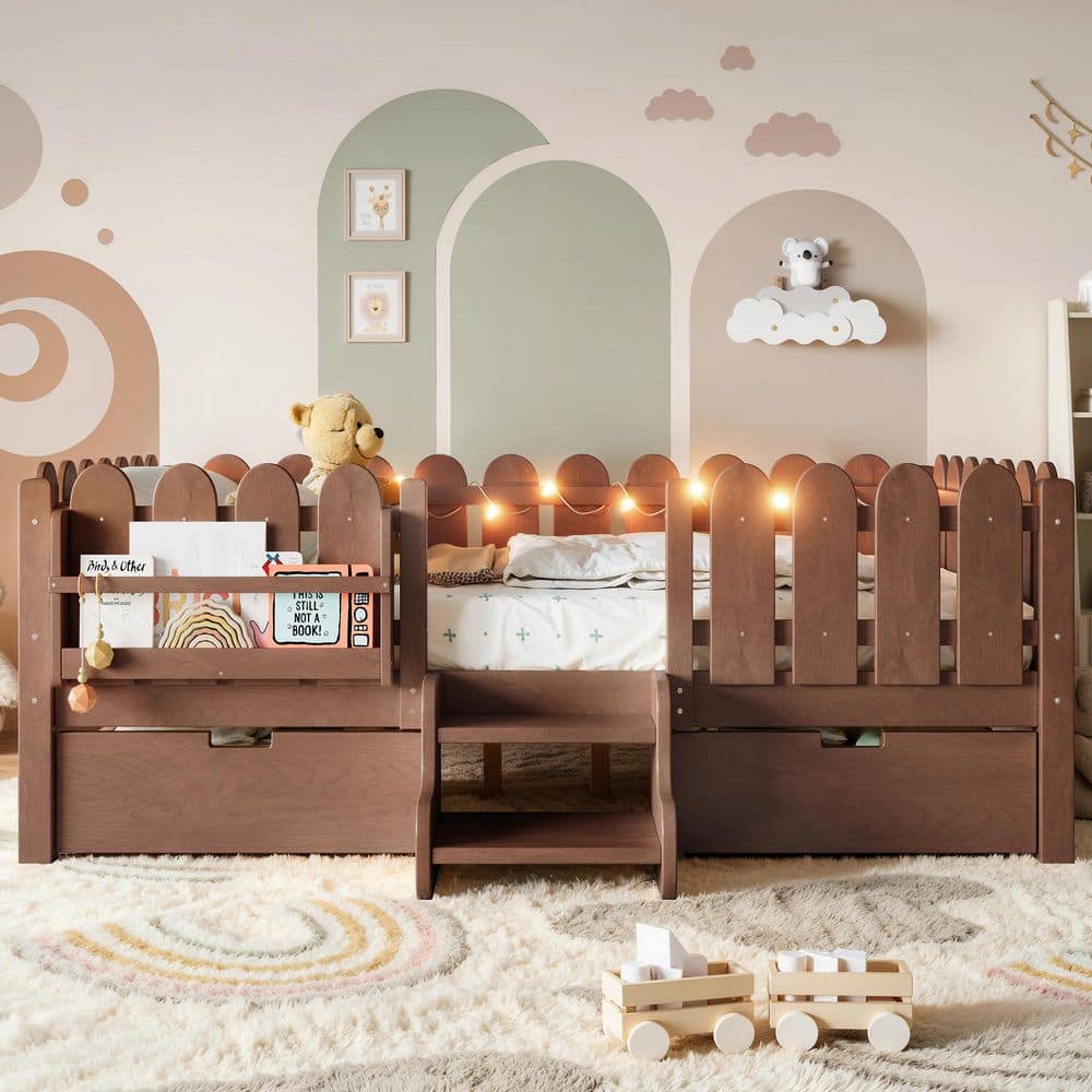 Yellow Pine Wood Frame Full Size Platform Bed with Guardrail and Bookshelf,Led Lights and Stairs