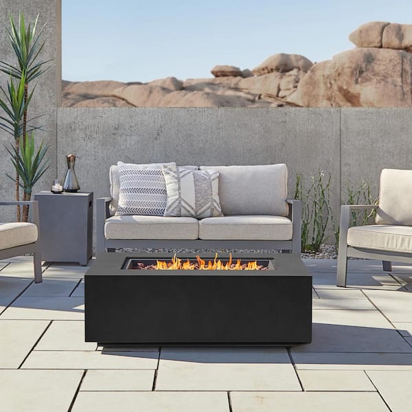 Real Flame Aegean 50 in. L X 32 in. W Outdoor Rectangular Powder Coated Steel Propane Fire Pit in Black with Lava Rocks