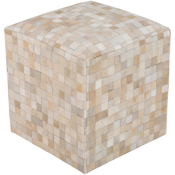 Livabliss Idwal Solid Cream/Camel Hair On Hide Cube Accent Pouf