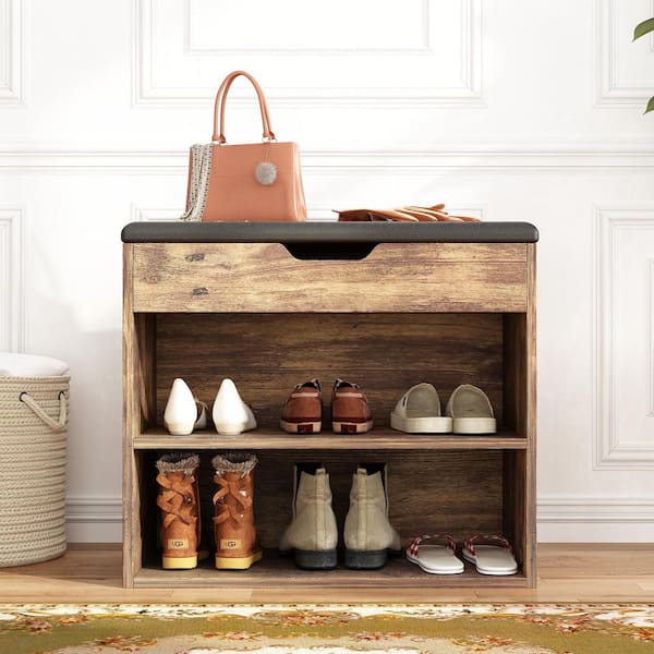 21.2 in. H x 24 in. W 6-Pair Shoes Brown Wood Shoe Storage Bench with Hidden Storage Compartment