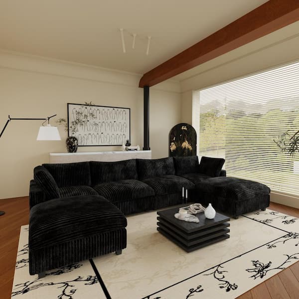 157.48 in. Square Arm 6-Piece Rabbit Velvet Plush Modular Free Combination Sectional Sofa with Ottoman in Black
