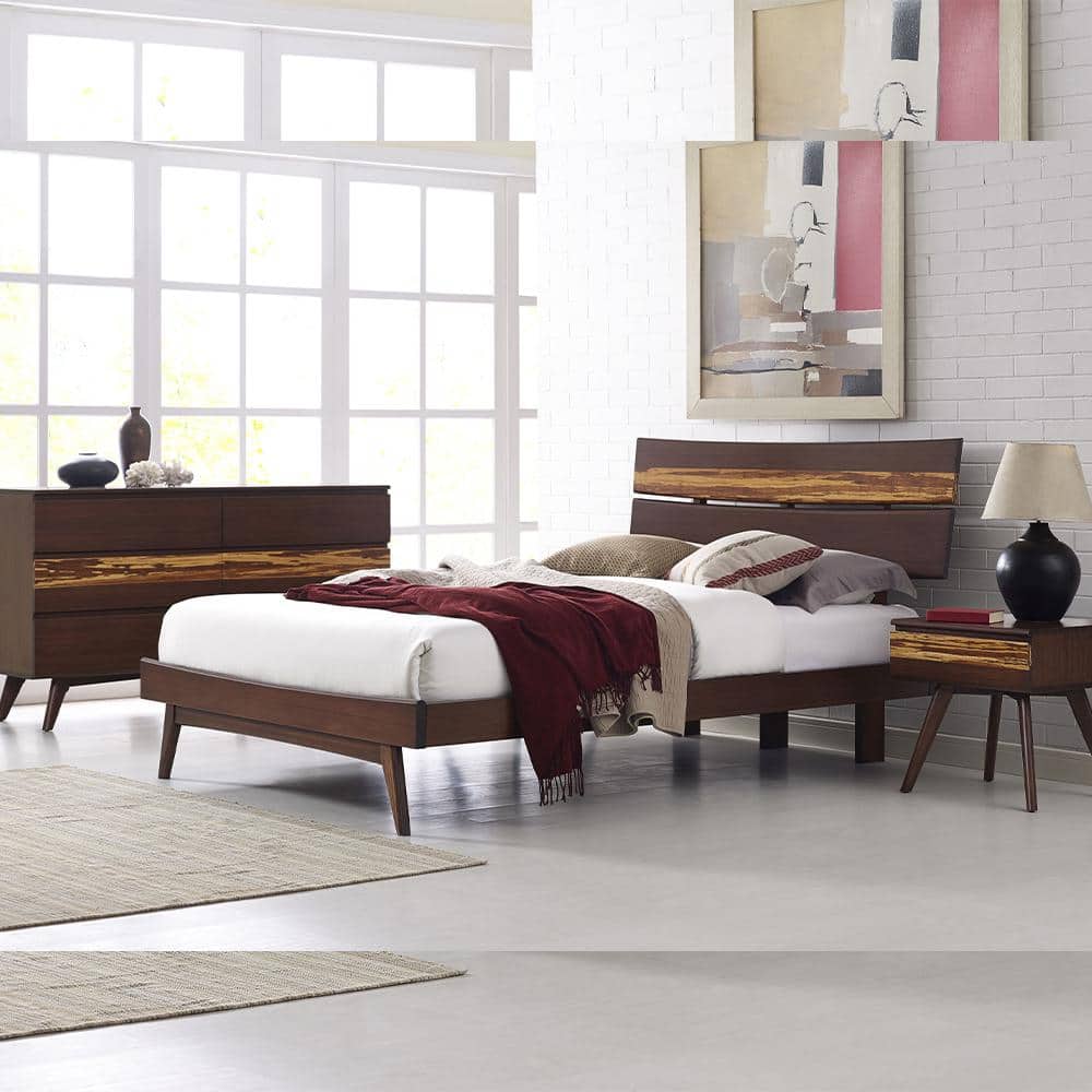 Sarah 4-Pieces Brown Burgundy Wood Frame King Platform Bedroom Set with 2-N
