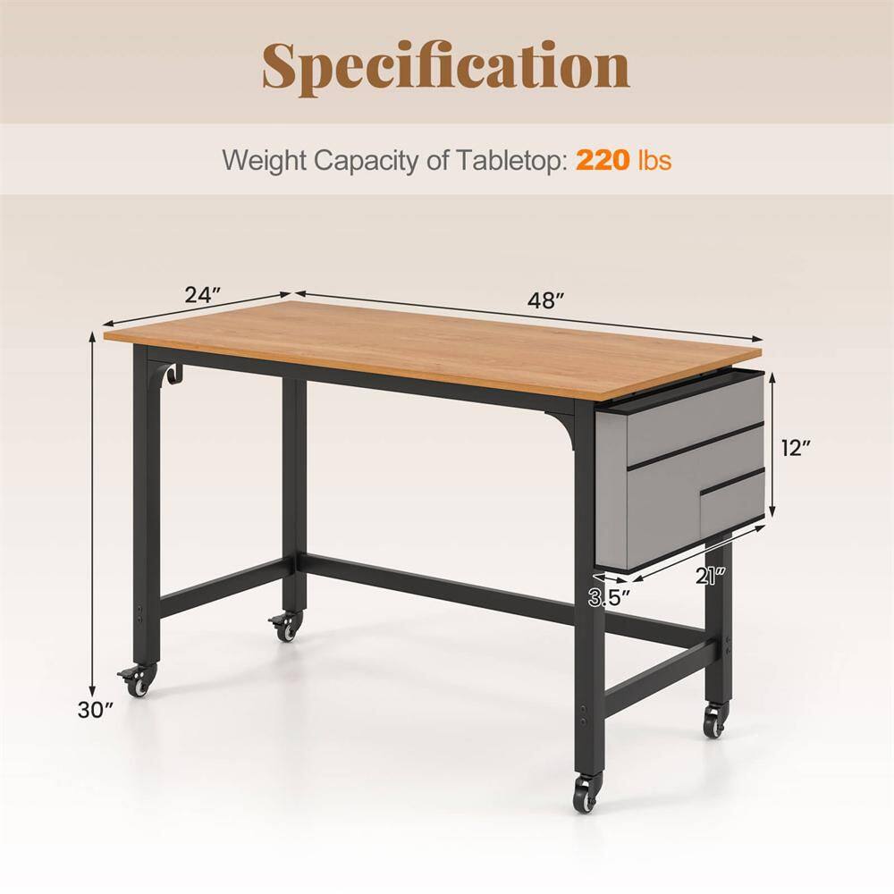 A dimension diagram of the black metal computer writing desk with a light wood grain tabletop.