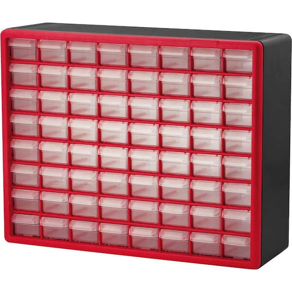 64-Compartment Drawer Small Parts Organizer Hardware Storage, 20 in. W x 6 3/8 in. D x 15 13/164 in. H, Red (1-Pack)