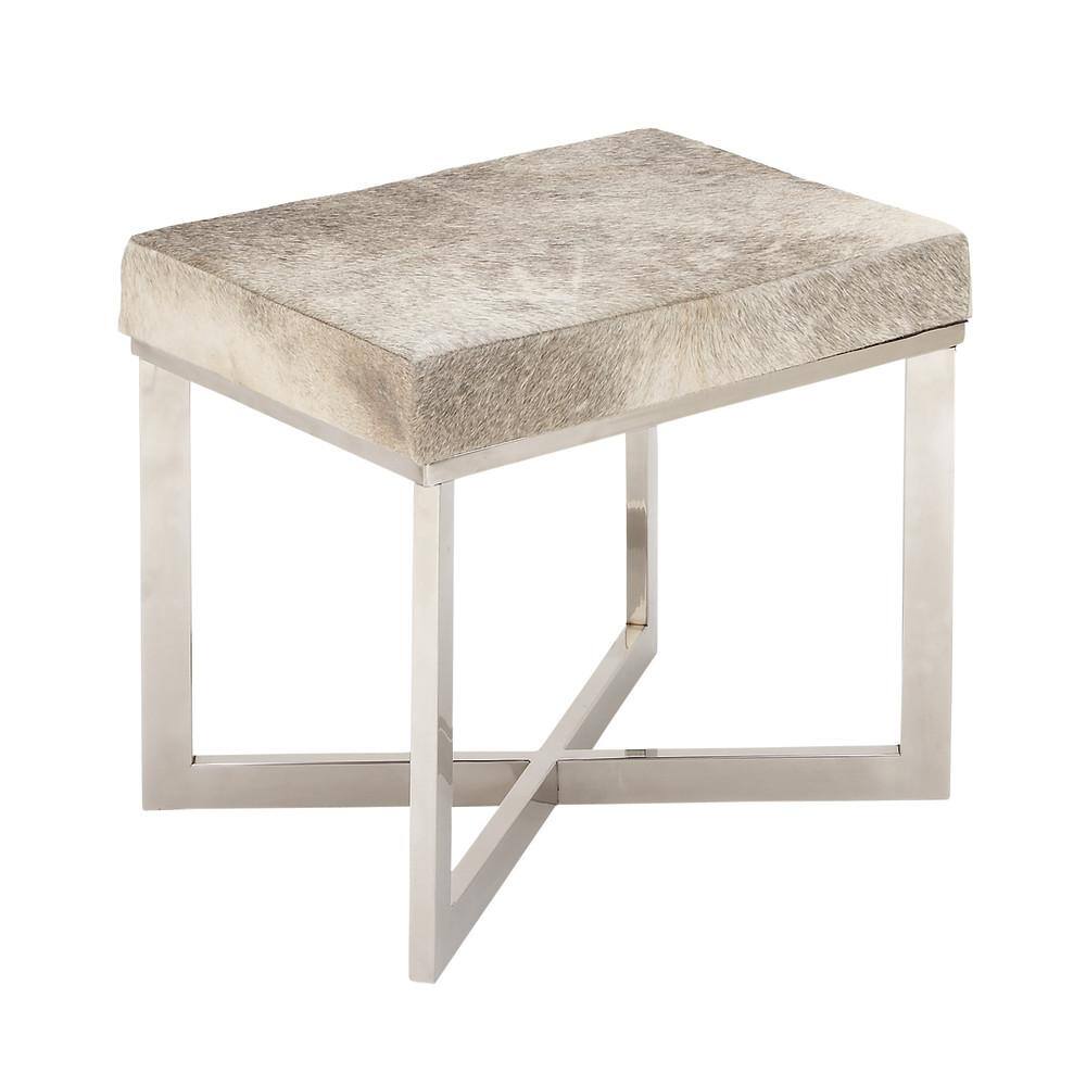 Silver Hair on Hide Upholstered Stool with Steel X-Base