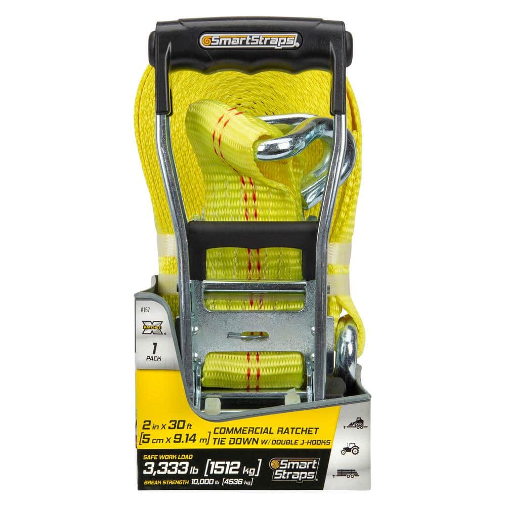 Yellow 30 ft. Heavy-Duty Ratchet Tie Down Strap with J-Hook