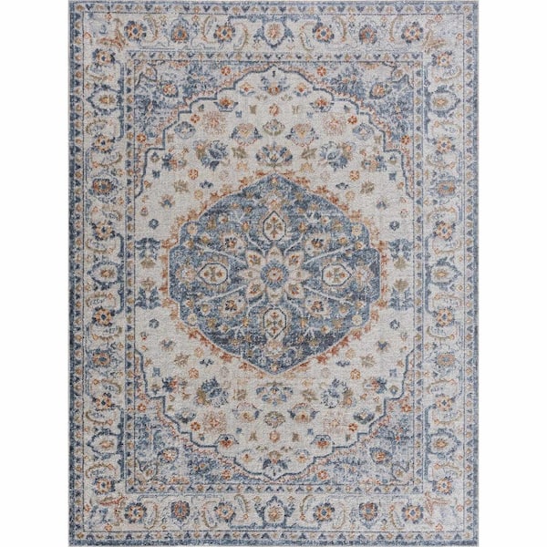 HAUTELOOM Hiti 3 ft. X 10 ft.  Blue, Olive, Tan, Ivory, Cream Traditional Medallion Oriental Style Machine Washable Runner Rug