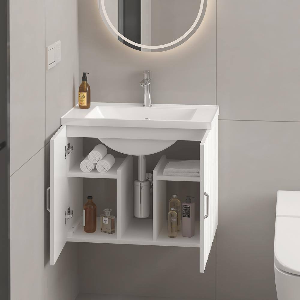 24" White Floating Bathroom Vanity with Ceramic Sink and Soft-Close Doors