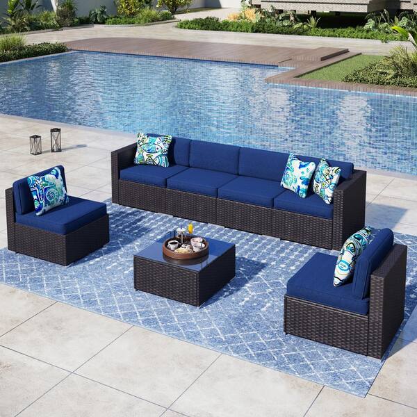 PHI VILLA Dark Brown Rattan Wicker 6 Seat 7Piece Steel Outdoor Patio