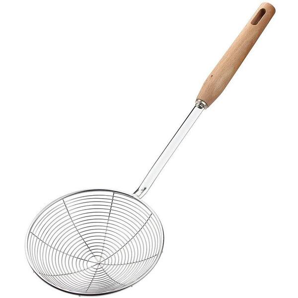 Silver Stainless Steel 5.5 in. Spider Strainer Skimmer with Wood Handle, Fryer Scoop for Cooking and Frying
